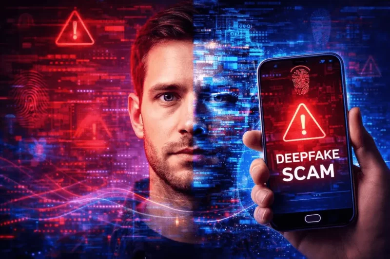 Deepfake scams surge showing AI generated face and mobile fraud warning