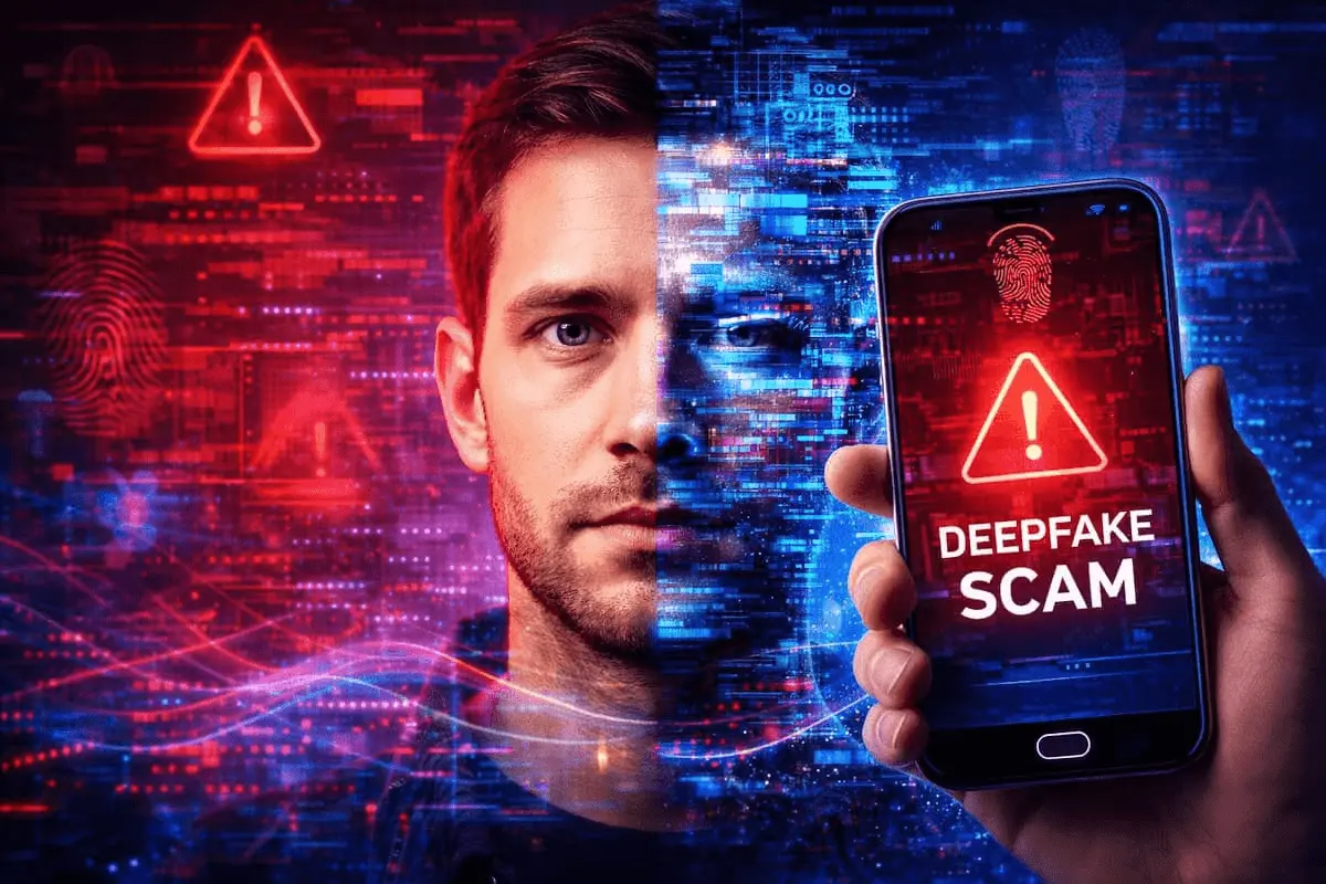 Deepfake scams surge showing AI generated face and mobile fraud warning