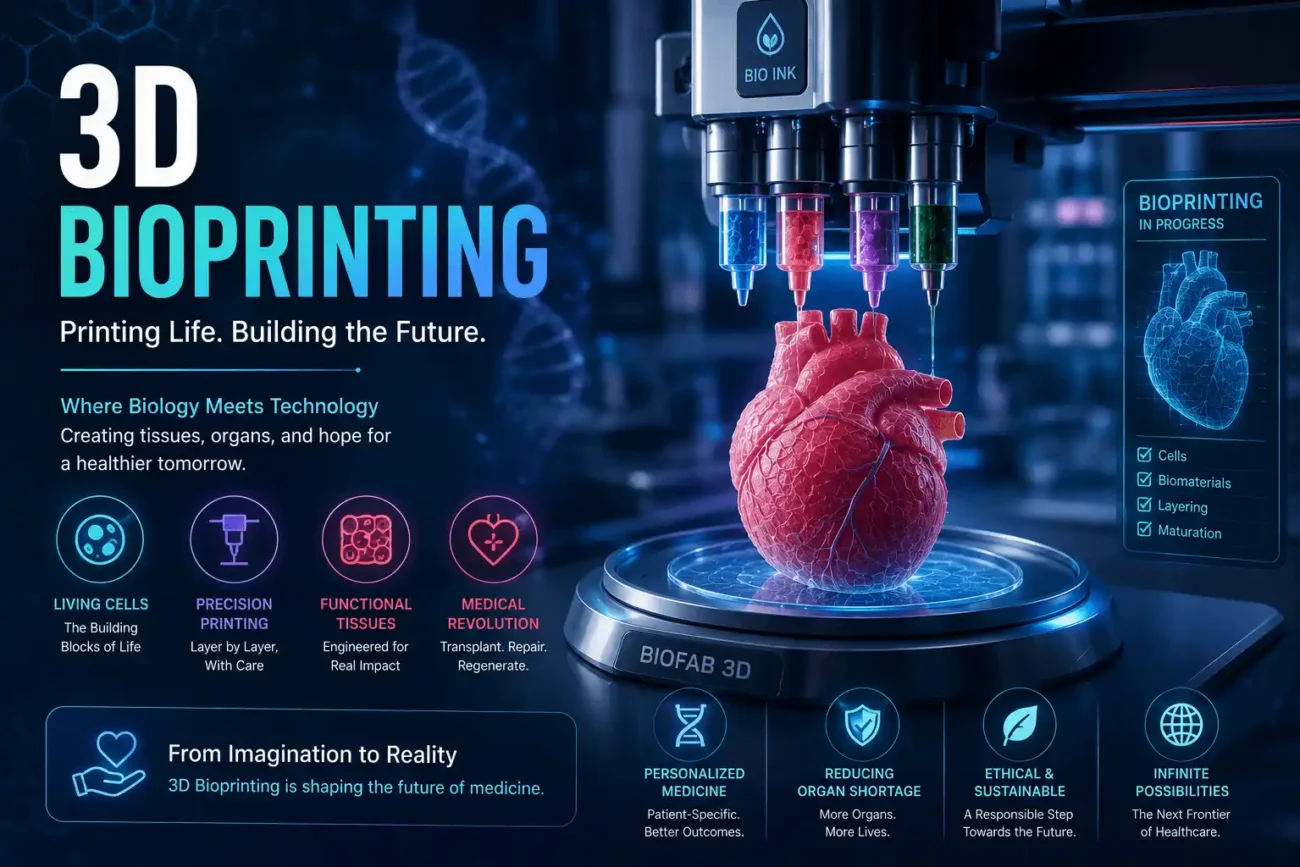 3D bioprinting machine printing a human heart using bio-ink technology in a modern medical laboratory
