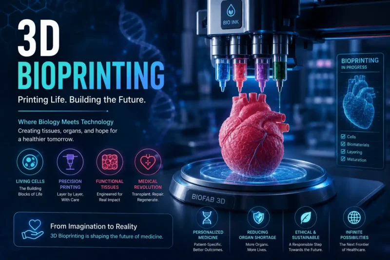 3D bioprinting machine printing a human heart using bio-ink technology in a modern medical laboratory