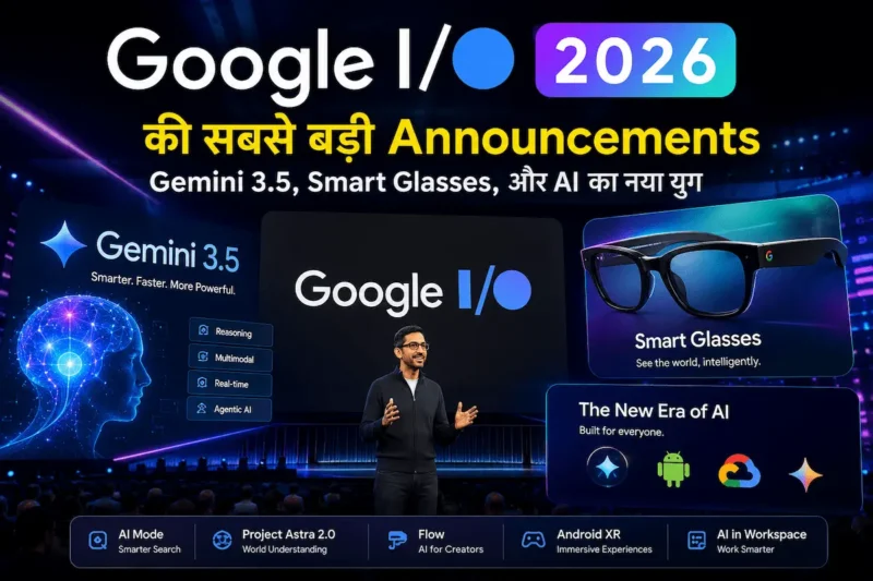 Google I/O 2026 keynote featuring Gemini 3.5 AI, futuristic smart glasses, and next-generation artificial intelligence announcements