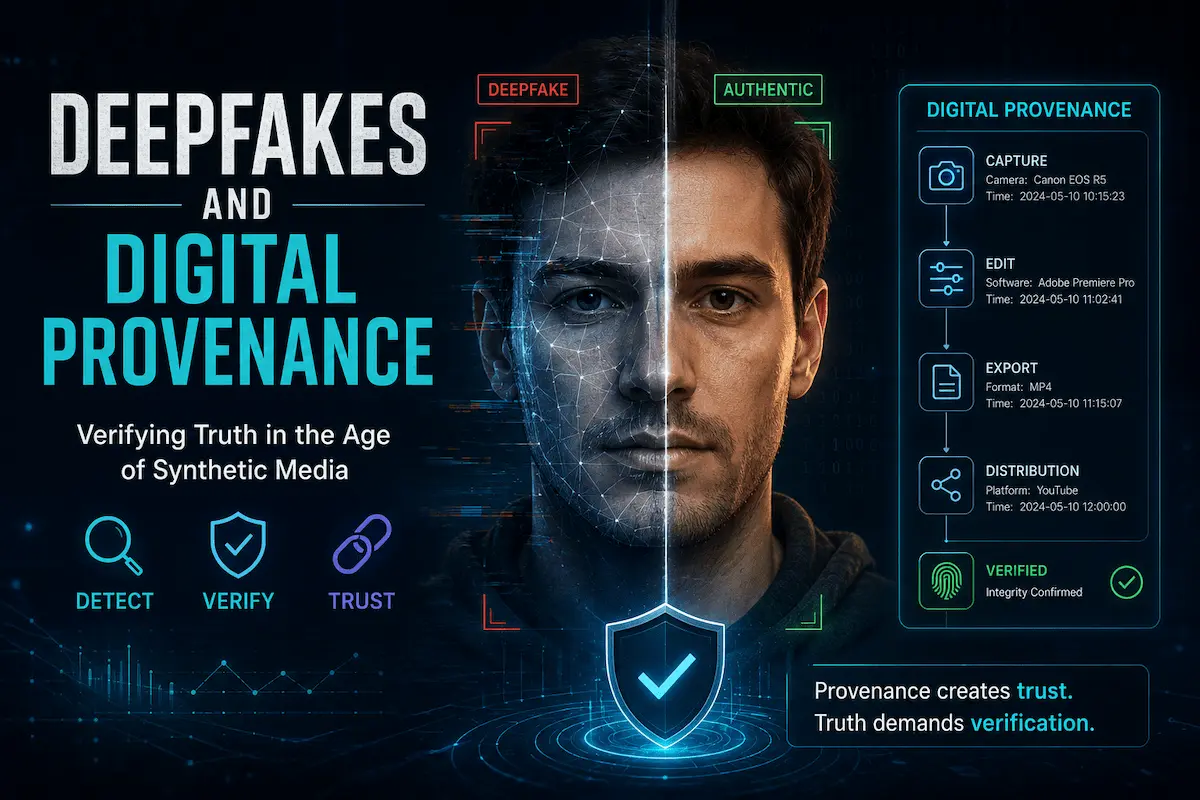 Deepfake detection and digital provenance technology showing AI-generated face analysis with Content Credentials verification