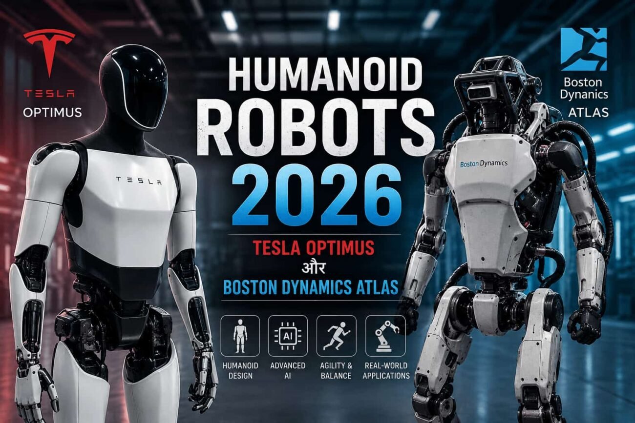 Tesla Optimus और Boston Dynamics Atlas humanoid robots futuristic AI robotics