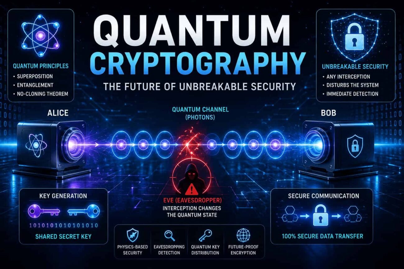 Futuristic quantum cryptography system showing secure quantum communication, quantum key distribution and cyber security technology