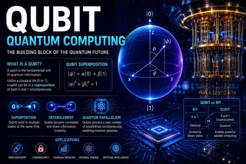 Futuristic qubit quantum computing visualization with superposition, entanglement and quantum processor technology
